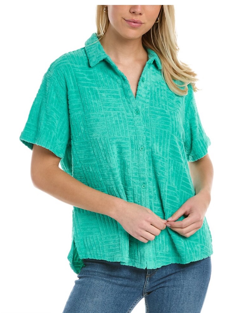 Vintage Havana Green Textured Short Sleeve Button Front Top